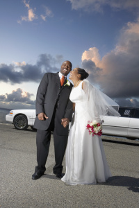 Newlyweds laughing together